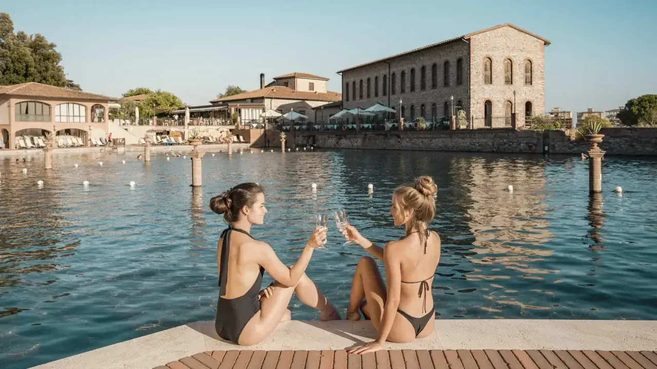 Due donne brindano con champagne a Venturina Terme, paese con piscine termali e architettura storica.
