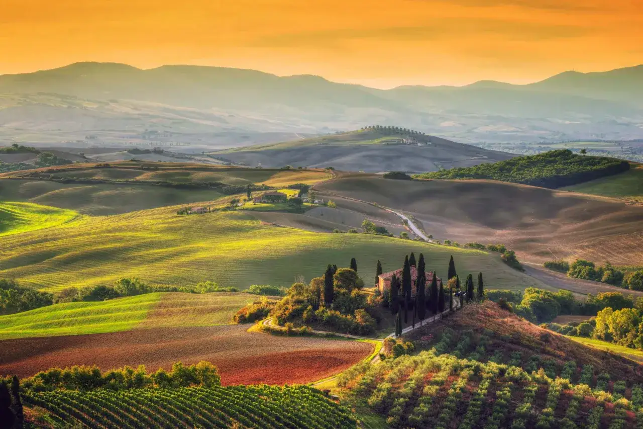 Colline toscane al tramonto, con vigneti e cipressi che incorniciano una casa colonica. L'aria profuma di vini toscani.
